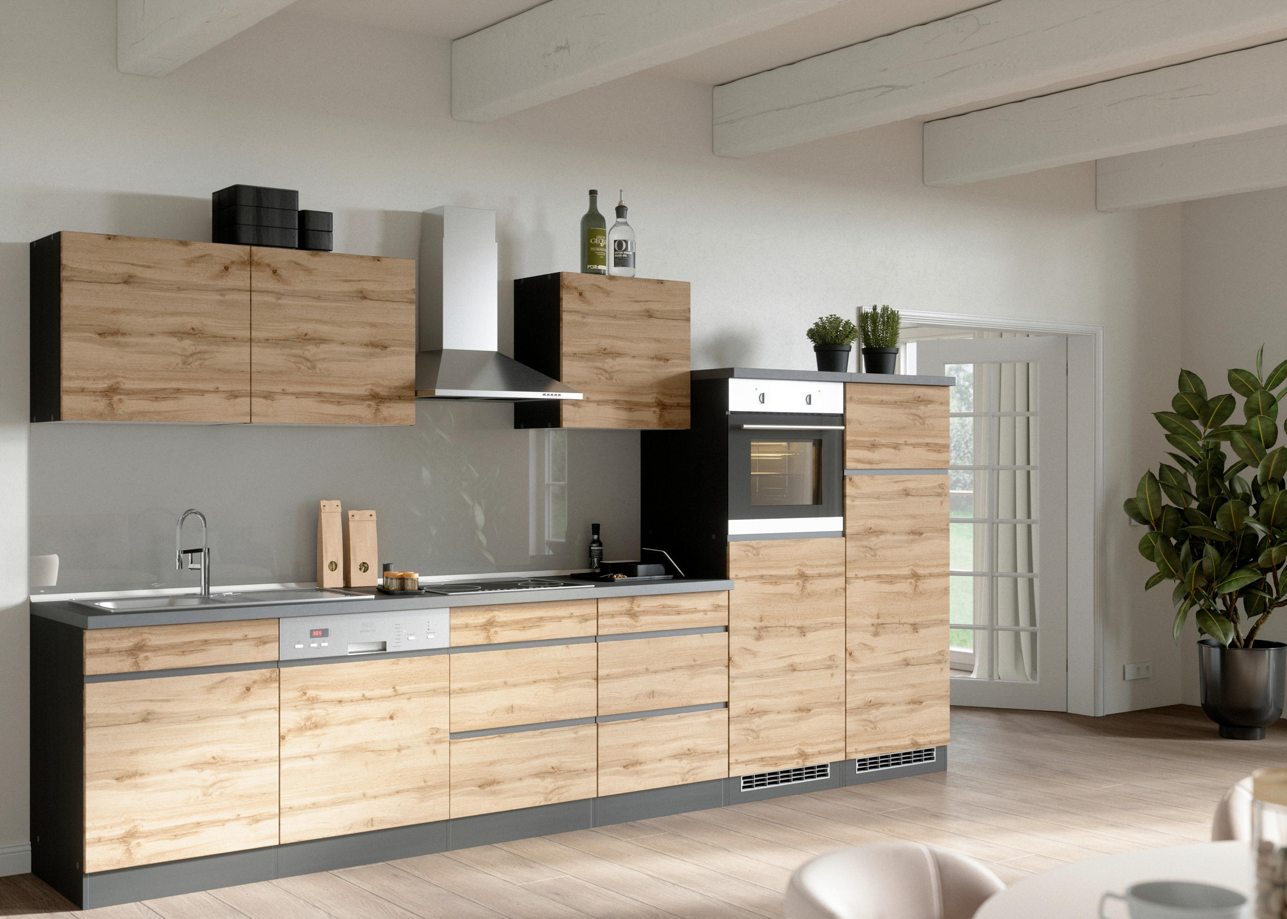 Küchenzeile Turin Mit Geräte B: 360 Cm Graphit/eiche Dekor