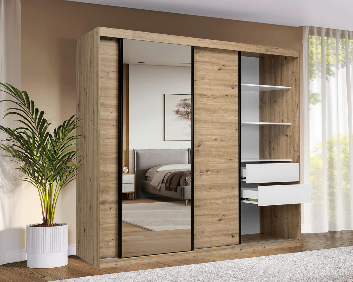 SCHIEBETÜRENSCHRANK 250/215/59,5 cm 3-türig  - Schwarz/Weiß, MODERN, Holzwerkstoff/Metall (250/215/59,5cm) - MID.YOU