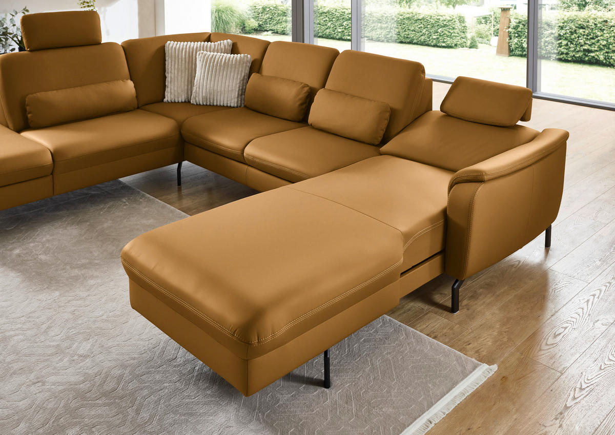 WOHNLANDSCHAFT Echtleder Senfgelb  - Senfgelb/Schwarz, Konventionell, Leder/Metall (224/306/168cm) - Beldomo Premium