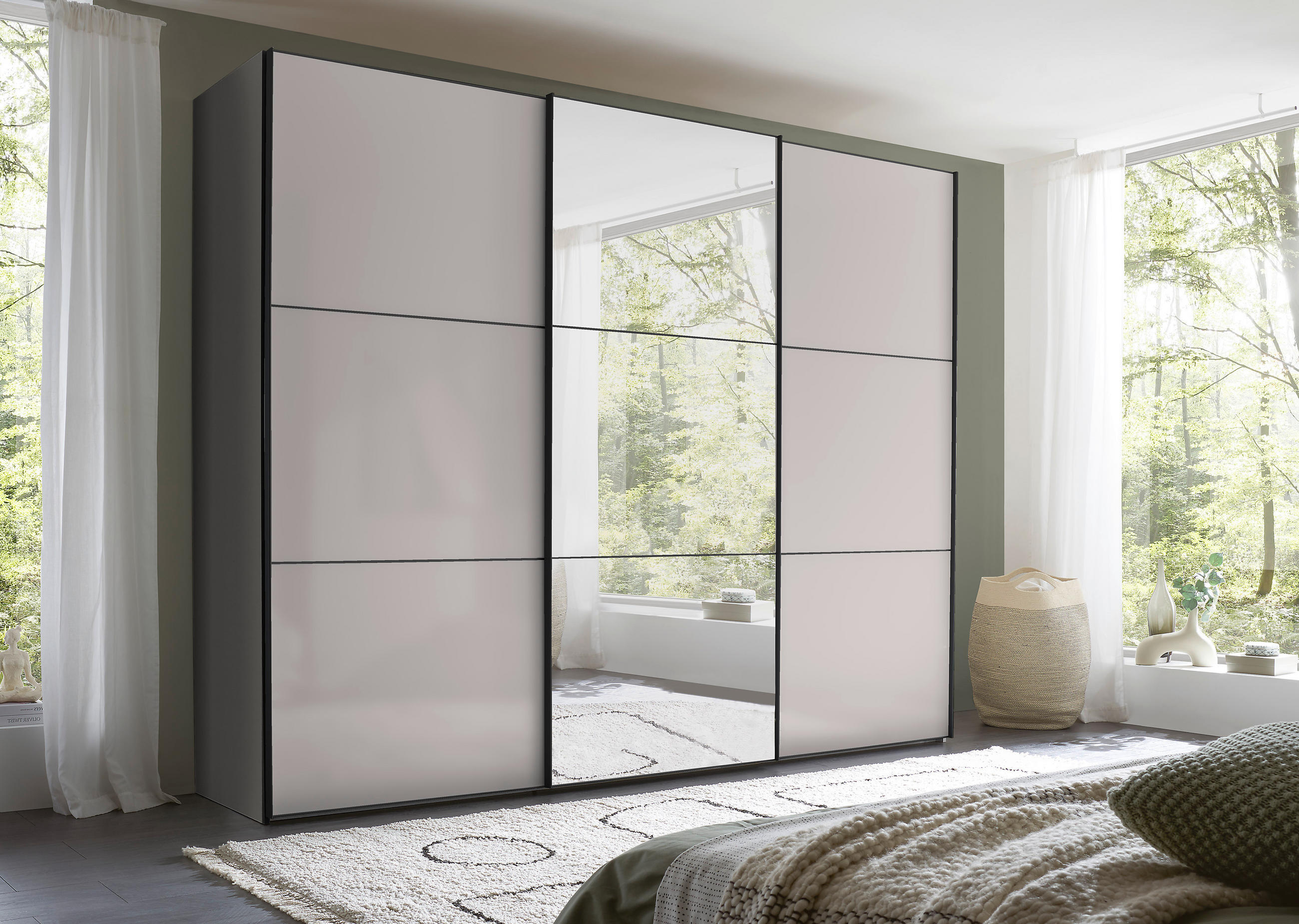 SCHWEBETÜRENSCHRANK 280/222/68 cm 3-türig Anthrazit, Schwarz, Hellgrau  - Anthrazit/Hellgrau, MODERN, Glas/Holzwerkstoff (280/222/68cm) - Moderano