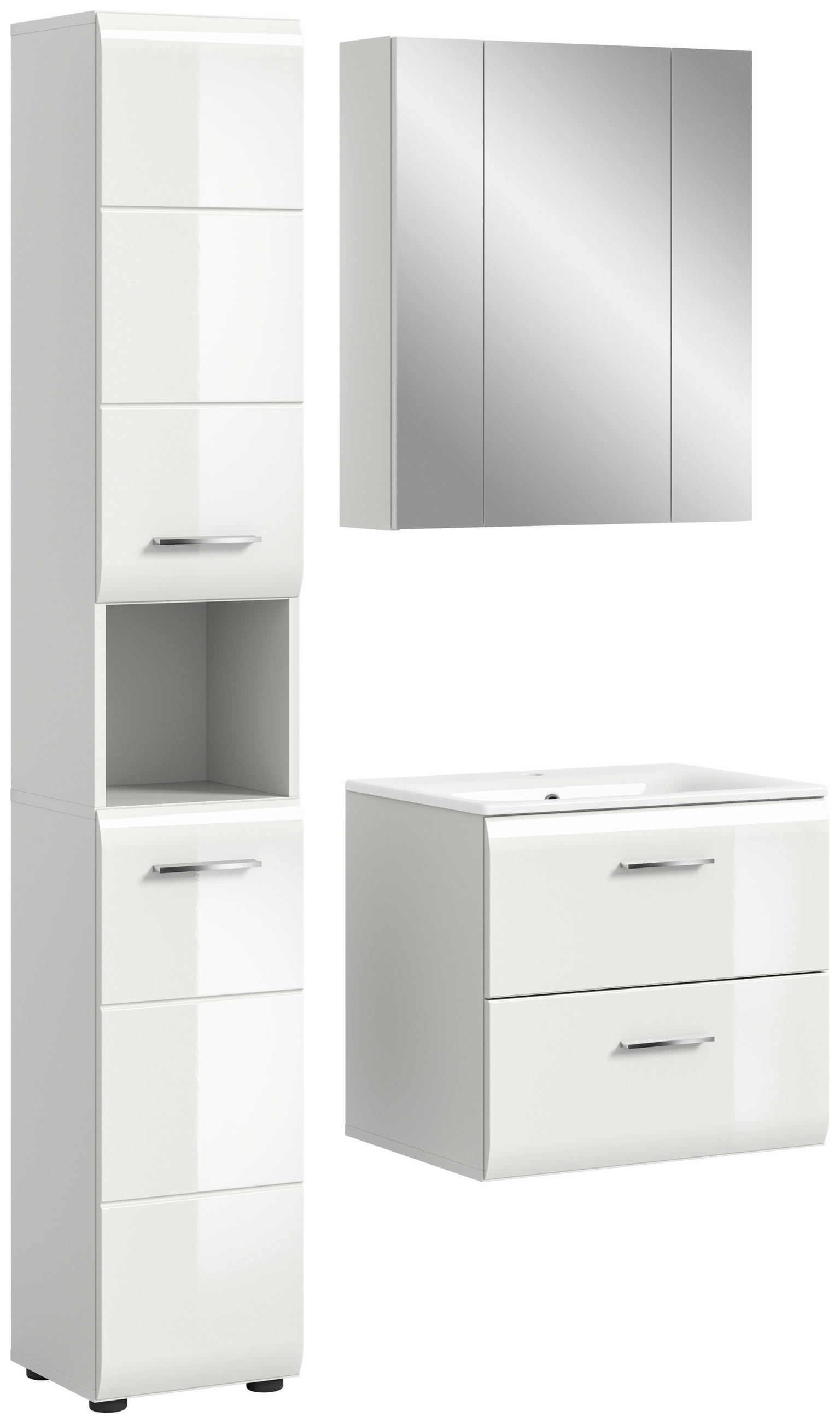 BADEZIMMER 3-teilig  in 90 cm  - Weiß Hochglanz/Silberfarben, MODERN, Keramik/Holzwerkstoff (90cm) - MID.YOU