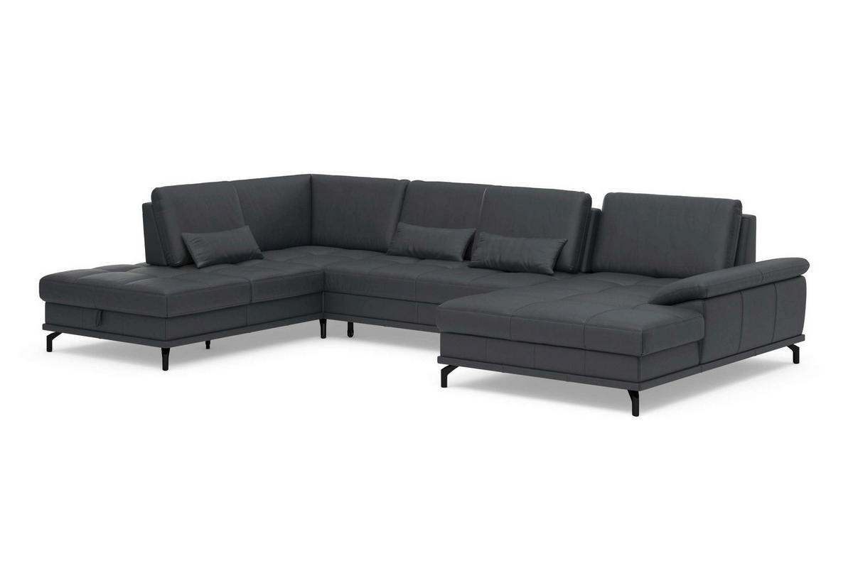 WOHNLANDSCHAFT COSTELLO E Schwarz Kombination Echtleder/Stoff Mikrofaser  - Schwarz, Basics, Leder/Textil (223/363/176cm) - Sit & More