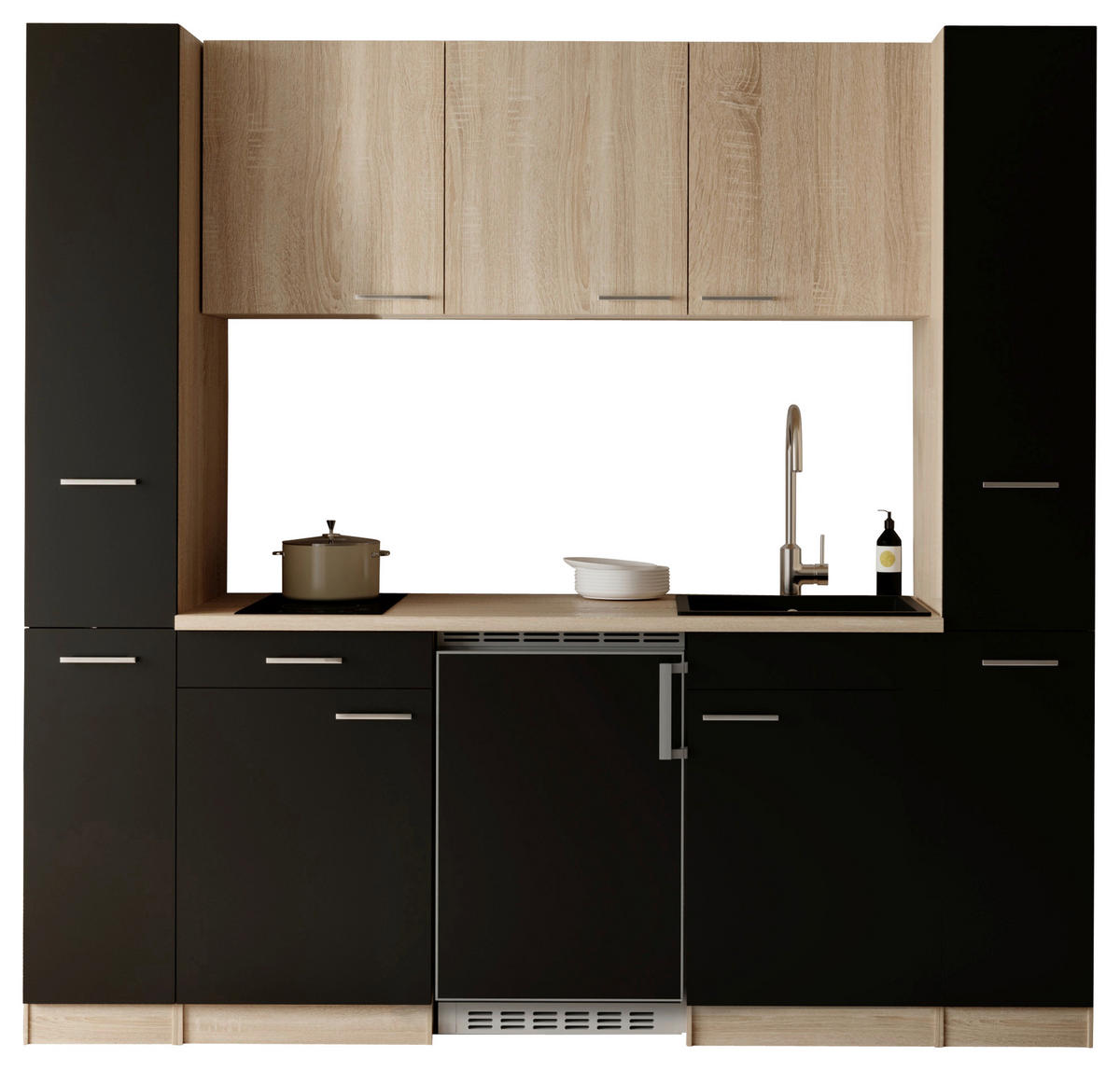 KÜCHENBLOCK Ingrid 210 cm  in Schwarz  - Eichefarben/Alufarben, Design, Holzwerkstoff/Kunststoff (210cm) - Respekta