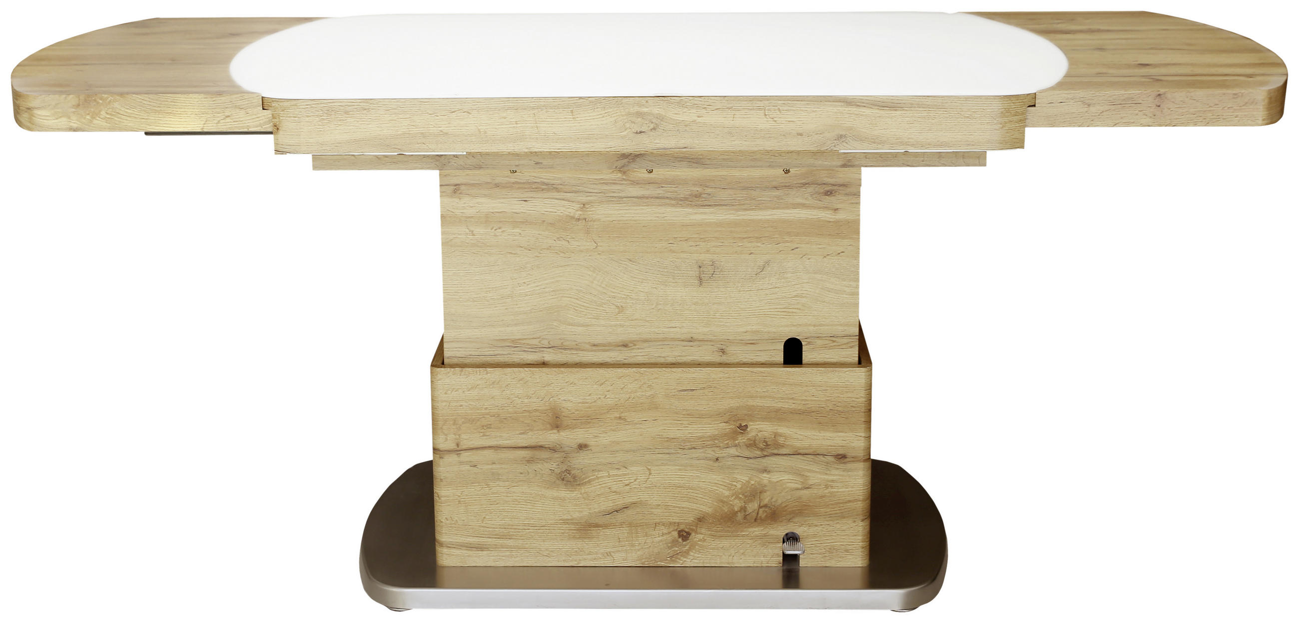 COUCHTISCH ESG 120-180/75/50-78 cm oval Weiß, Eichefarben, Edelstahlfarben  - Edelstahlfarben/Eichefarben, Design, Glas/Holzwerkstoff (120-180/75/50-78cm) - Novel