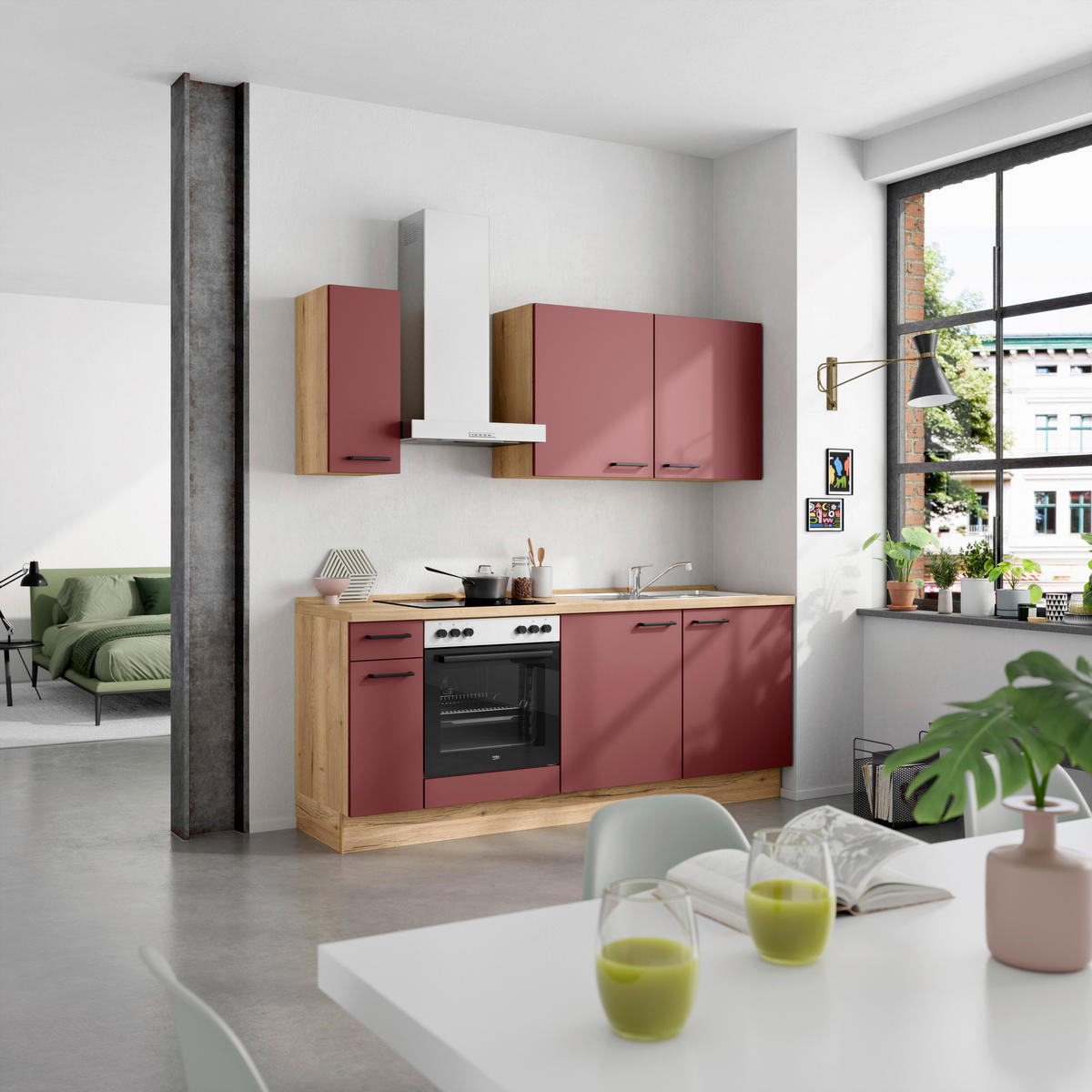 KÜCHENLEERBLOCK 210 cm   in Rot, Eichefarben  - Eichefarben/Rot, MODERN, Holzwerkstoff/Metall (210cm) - Nobilia