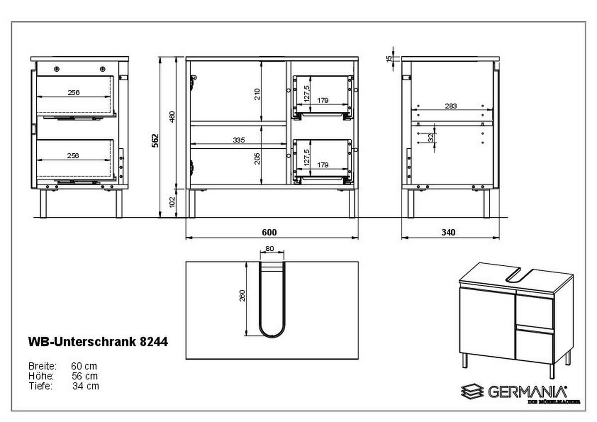 WASCHBECKENUNTERSCHRANK 60/56/34 cm  - Kaschmir/Schwarz, MODERN, Holzwerkstoff/Metall (60/56/34cm) - Germania