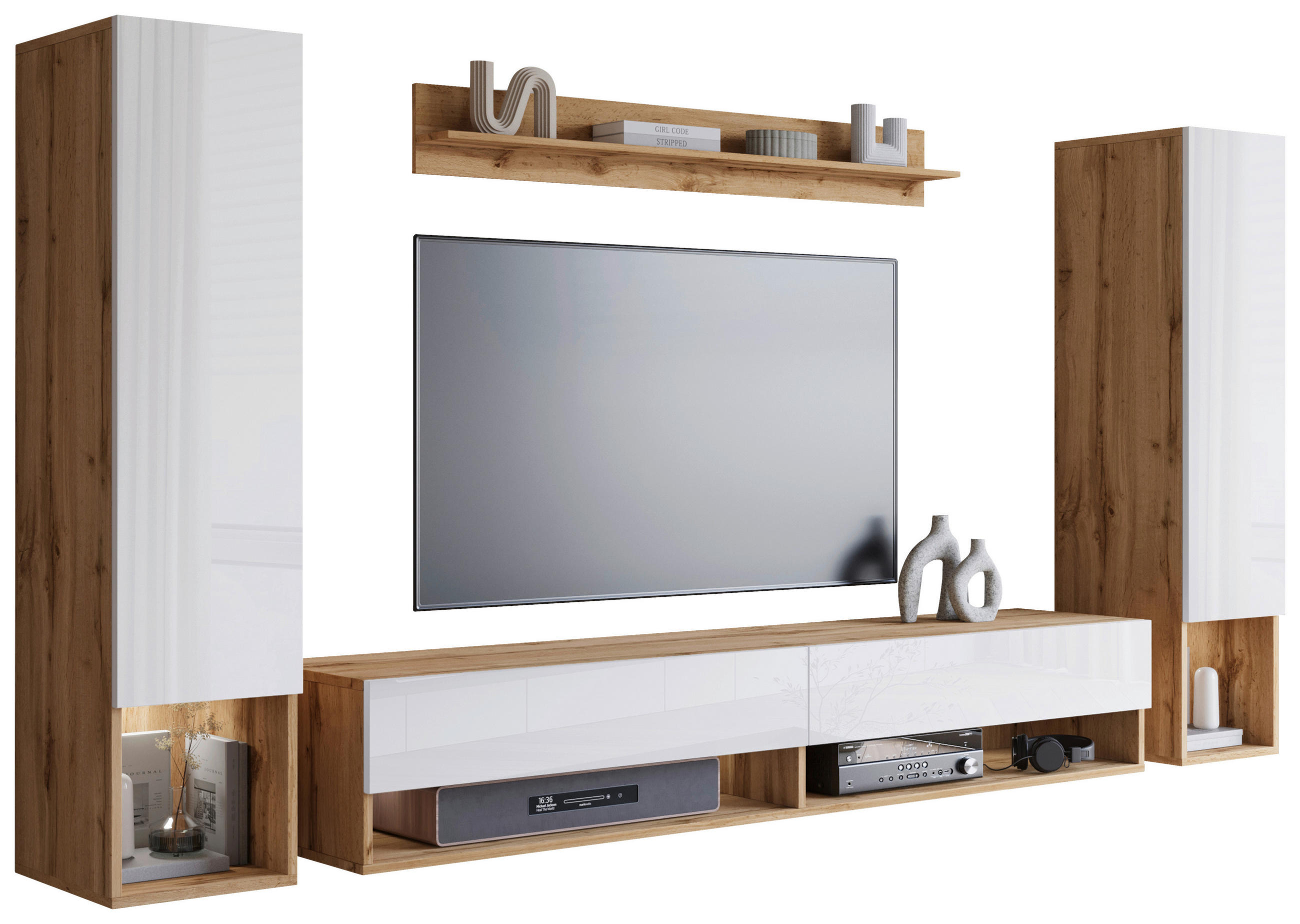 Set Mobilă Living, 4 piese, stejar Wotan, alb lucios intens, 245/130/32,5 cm