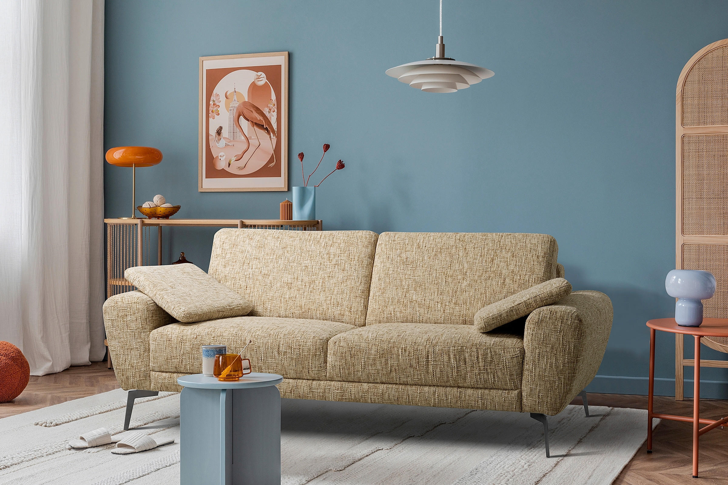 3-SITZER-SOFA Webstoff Hellbraun  - Hellbraun/Schwarz, Design, Textil/Metall (187/85/92cm) - Livetastic
