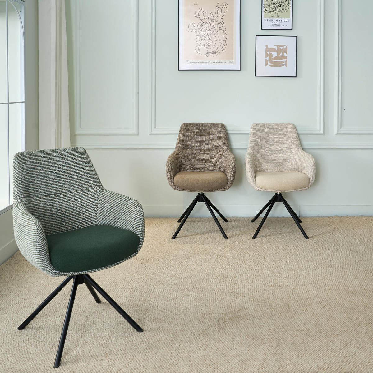 ARMLEHNSTUHL  Stoffauswahl, Sitzfläche 360° drehbar Webstoff  - Schwarz/Grün, Design, Textil/Metall (59/91/69cm) - Novel