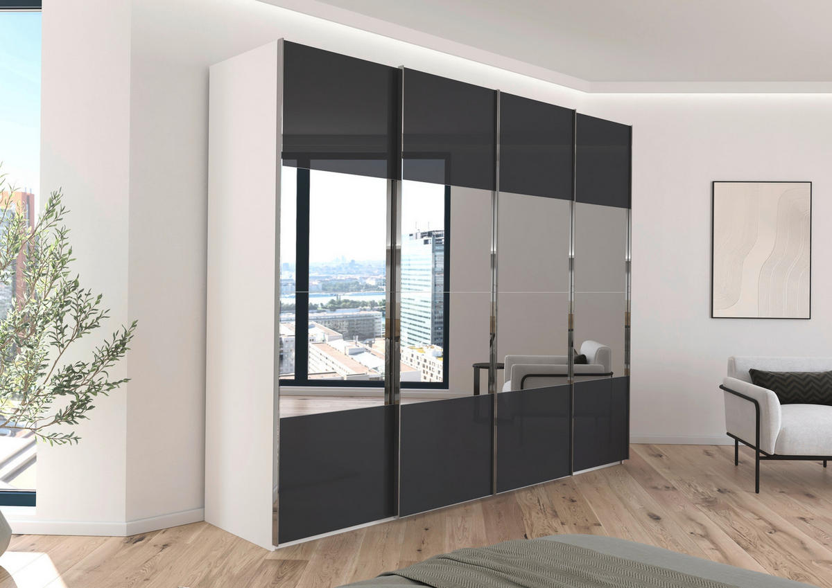 SCHWEBETÜRENSCHRANK 271/235/68 cm 4-türig Schwarz, Weiß  - Chromfarben/Schwarz, Design, Glas/Holzwerkstoff (271/235/68cm) - Novel