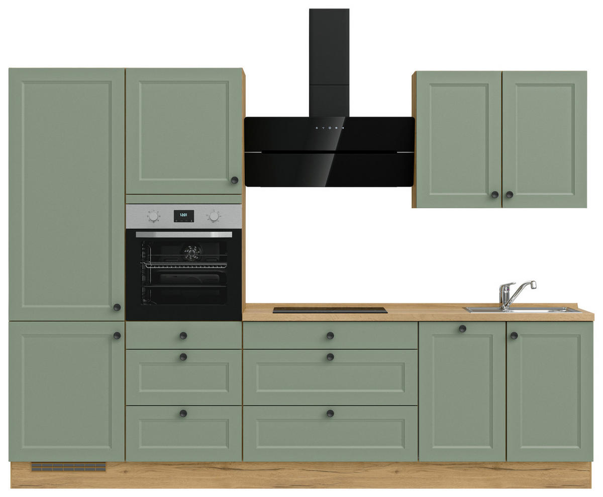 KÜCHENBLOCK 300 cm   in Eichefarben, Schilfgrün  - Schilfgrün/Eichefarben, MODERN, Holzwerkstoff/Metall (300cm) - Nobilia