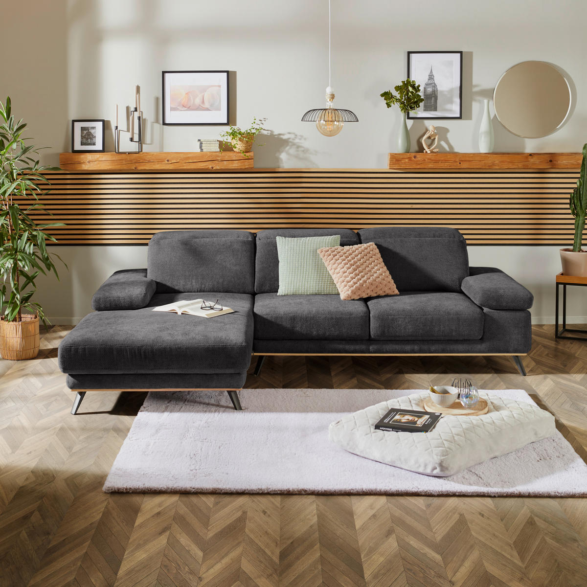 ECKSOFA ROYCE Graphitfarben Struktur  - Schwarz/Graphitfarben, MODERN, Textil/Metall (194/283cm) - MID.YOU