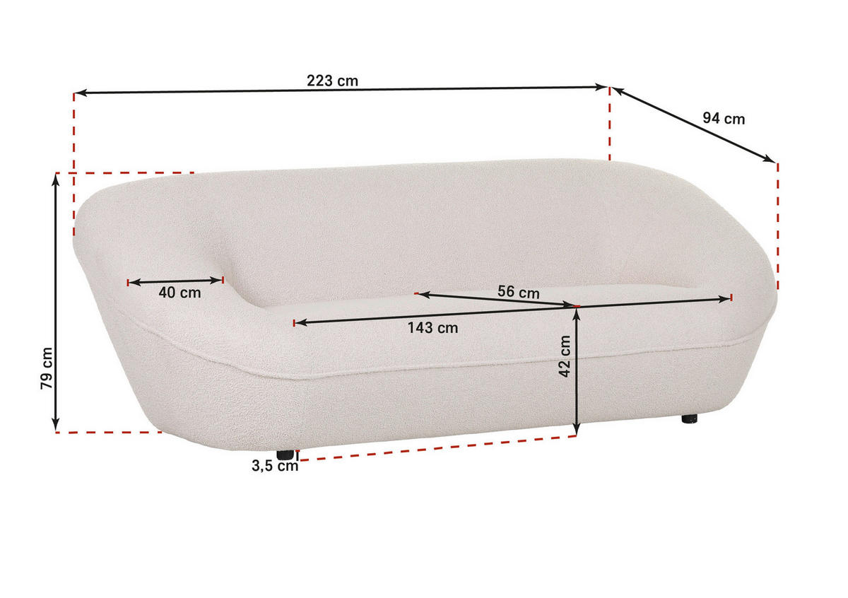 2-SITZER-SOFA Flachgewebe Weiß  - Schwarz/Weiß, KONVENTIONELL, Kunststoff/Textil (223/79/94cm) - Carryhome
