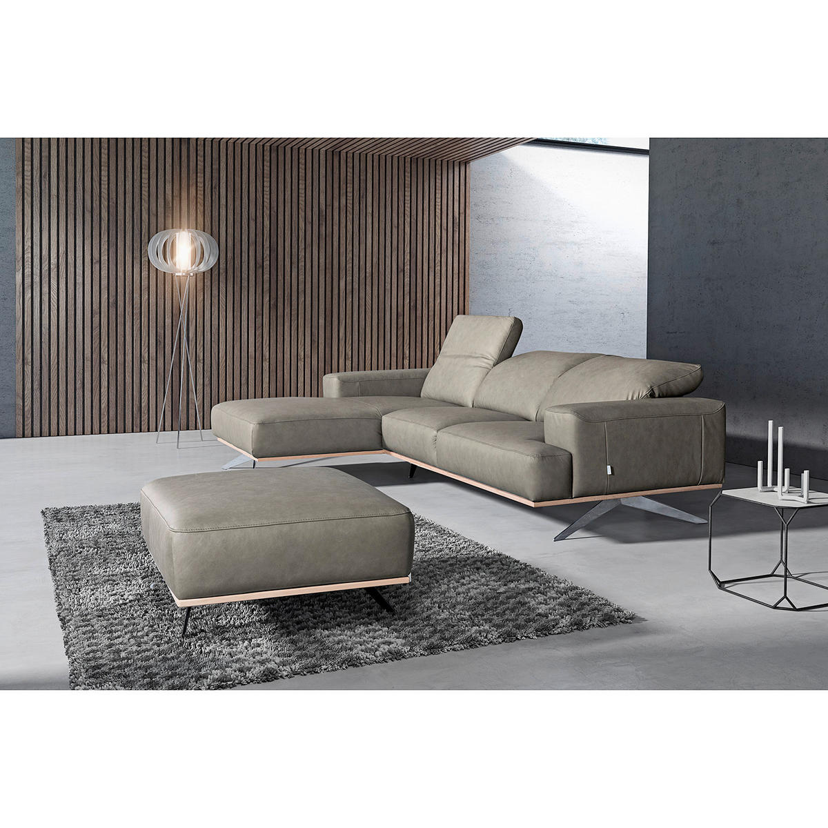 ECKSOFA Grau Echtleder Rücken echt, Kopfteilverstellung  - Chromfarben/Grau, Design, Leder/Metall (187/295cm) - Livetastic
