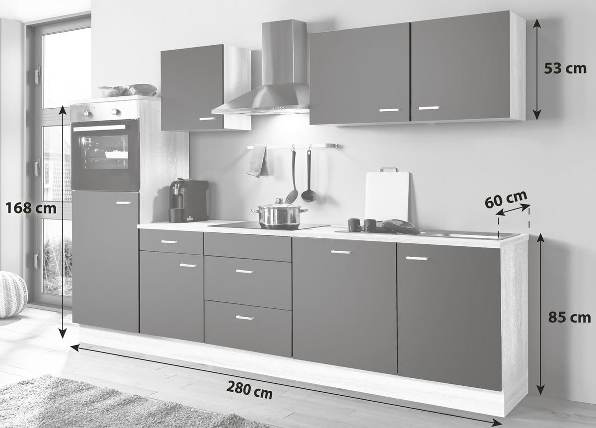 KÜCHENBLOCK 280 cm   in Weiß, Sonoma Eiche  - Silberfarben/Weiß, KONVENTIONELL, Holzwerkstoff/Kunststoff (280cm) - Menke