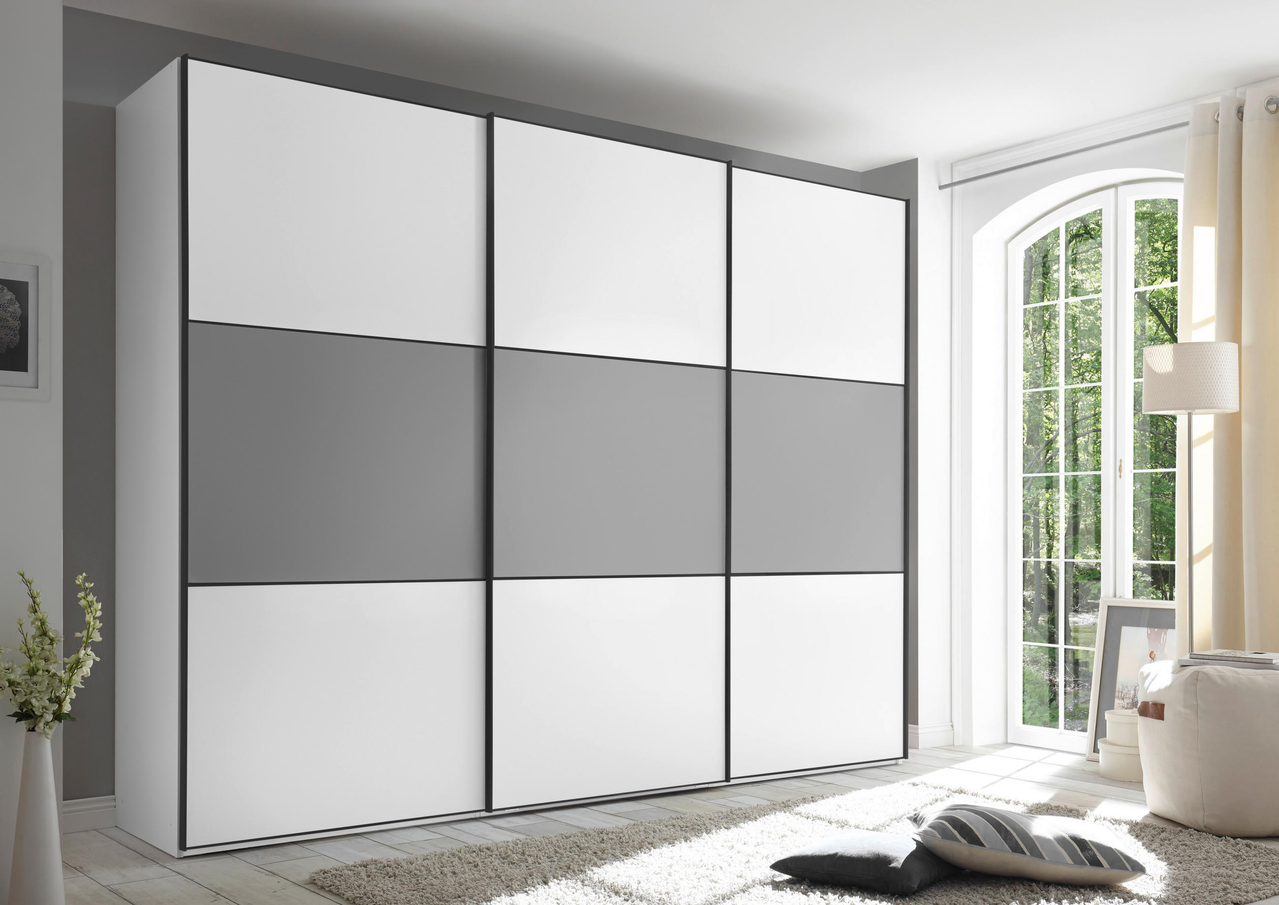 SCHWEBETÜRENSCHRANK 280/222/68 cm 3-türig Weiß, Hellgrau  - Hellgrau/Schwarz, Design, Holzwerkstoff/Metall (280/222/68cm) - Moderano