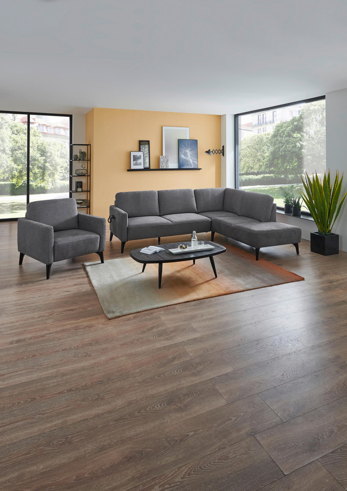 ECKSOFA Mikrofaser Grau  - Schwarz/Grau, Design, Textil/Metall (255/218cm) - Elegando