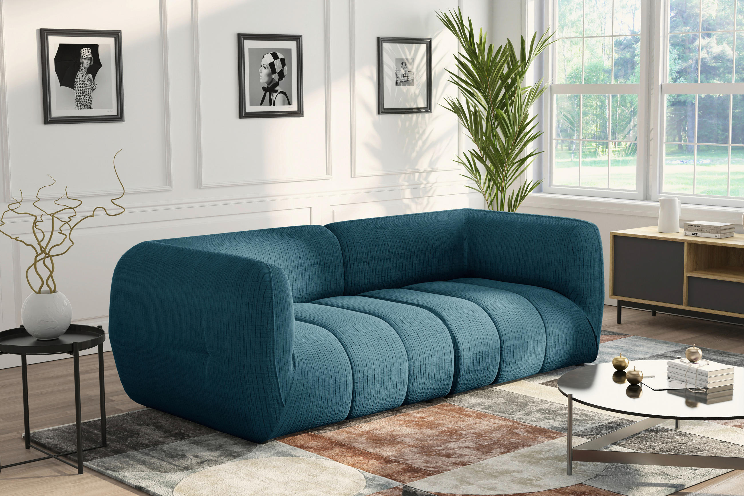 SOFA in Struktur Petrol  - Petrol/Schwarz, Design, Holz/Textil (240/80/95cm) - MID.YOU