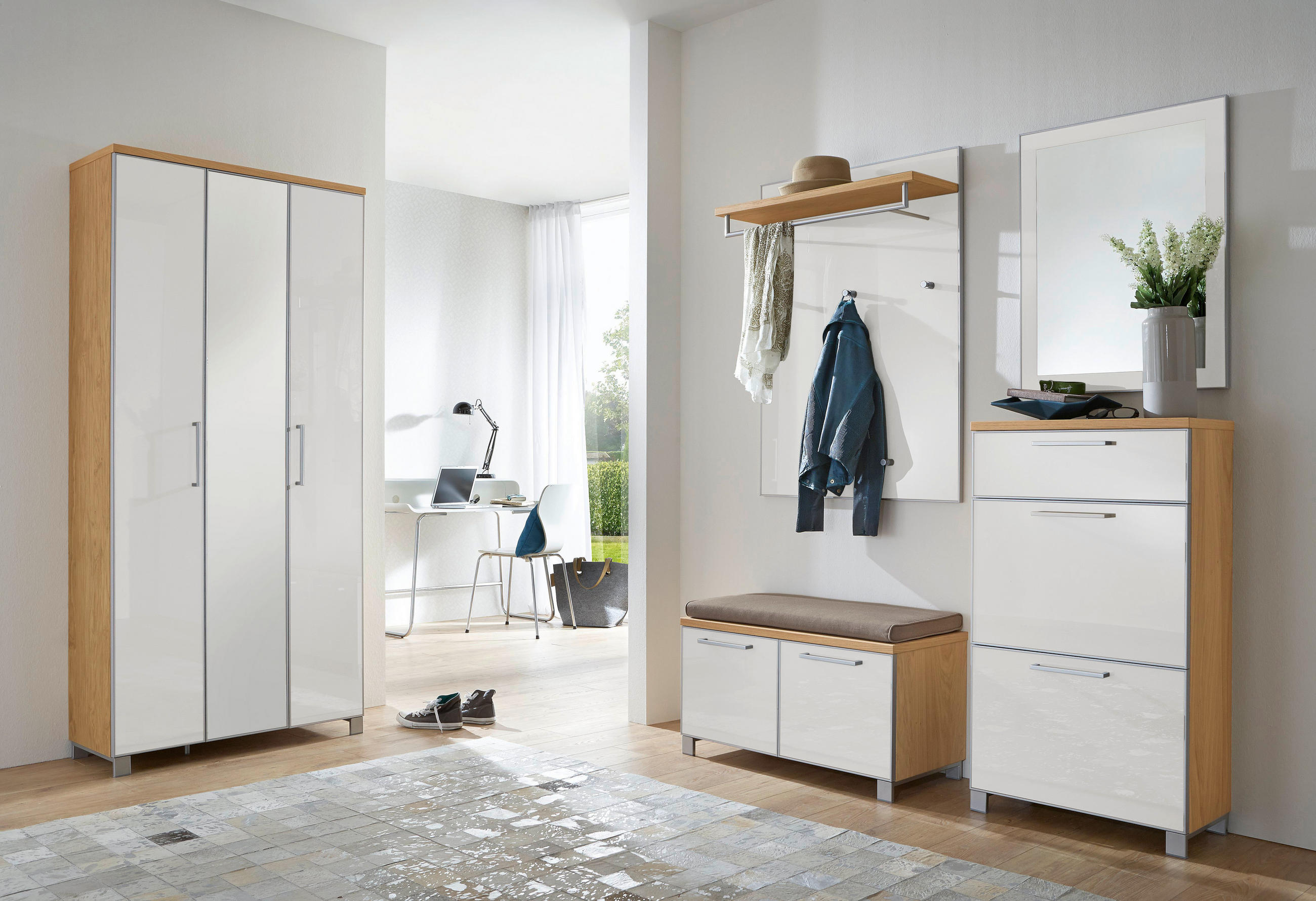 GARDEROBE Weiß, Eichefarben - Eichefarben/Weiß, Design, Glas/Holz (155/195/40cm)