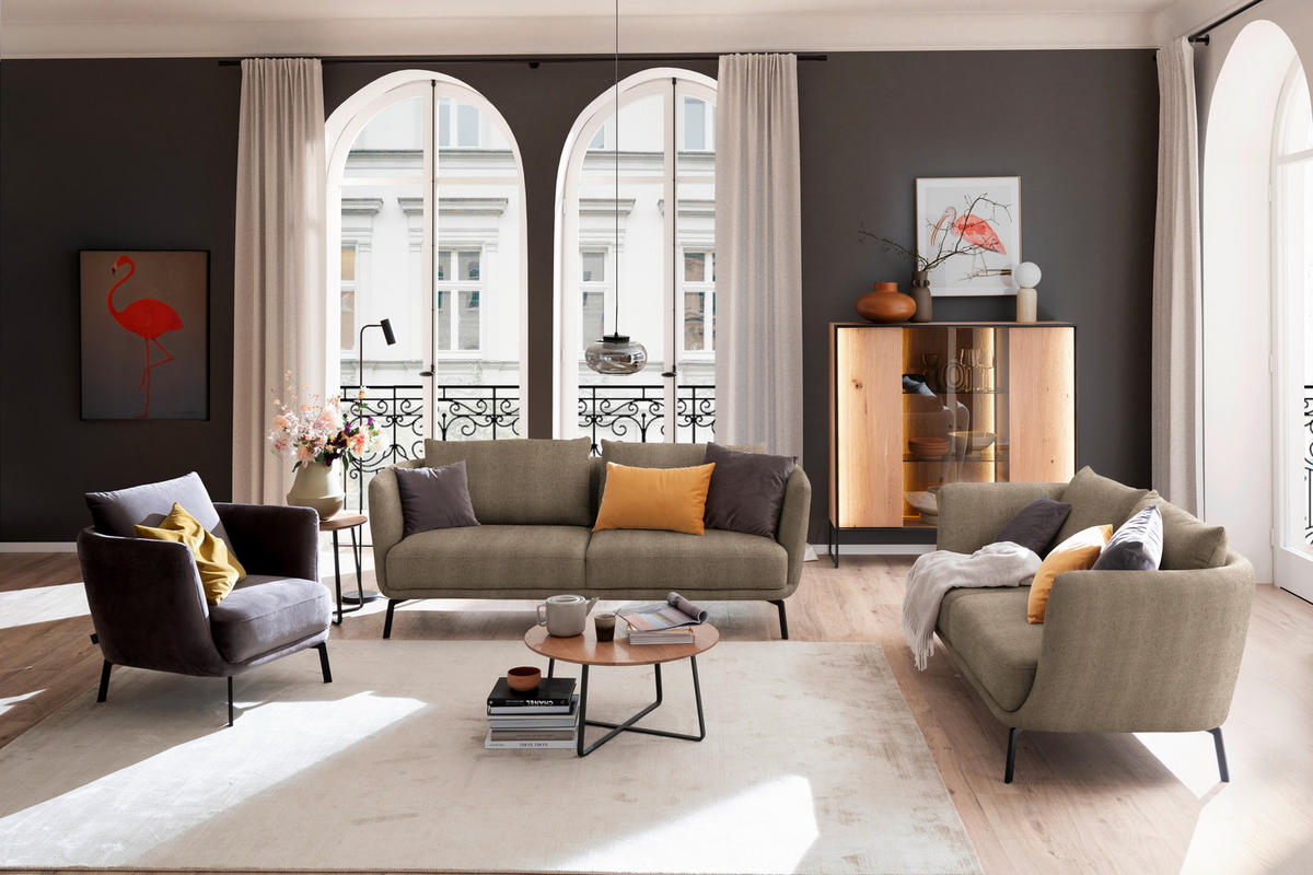 3-SITZER-SOFA  in Flachgewebe Hellbraun  - Hellbraun/Schwarz, Design, Textil/Metall (210/71/91cm) - Schöner Wohnen