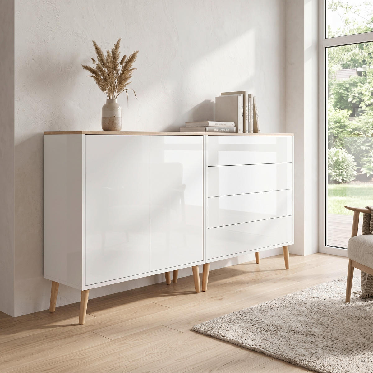 SIDEBOARD Mailand Set 3 + HF 158/86/33 cm 4 Schublade(n)  - Weiß Hochglanz/Eiche Artisan, MODERN, Holz/Holzwerkstoff (158/86/33cm) - MID.YOU