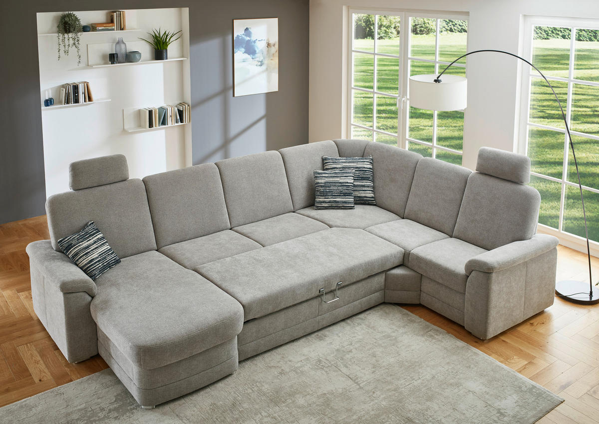 WOHNLANDSCHAFT  in Chenille Hellgrau  - Hellgrau/Alufarben, KONVENTIONELL, Holz/Textil (160/329/235cm) - Beldomo Comfort