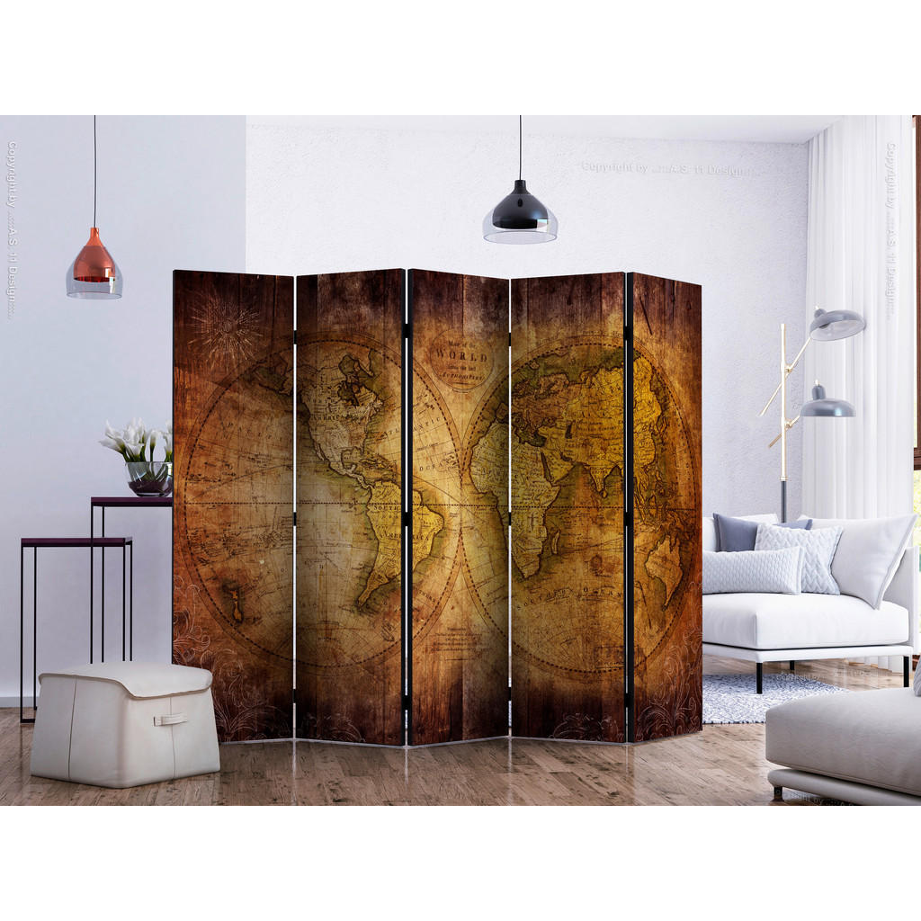 Thumbnail - artgeist Paravent, Braun, Cognac, Holz, Kunststoff, Textil, Kiefer, massiv, Weltkarte, 225x172x3.5 cm, Motiv auf Vorder-...