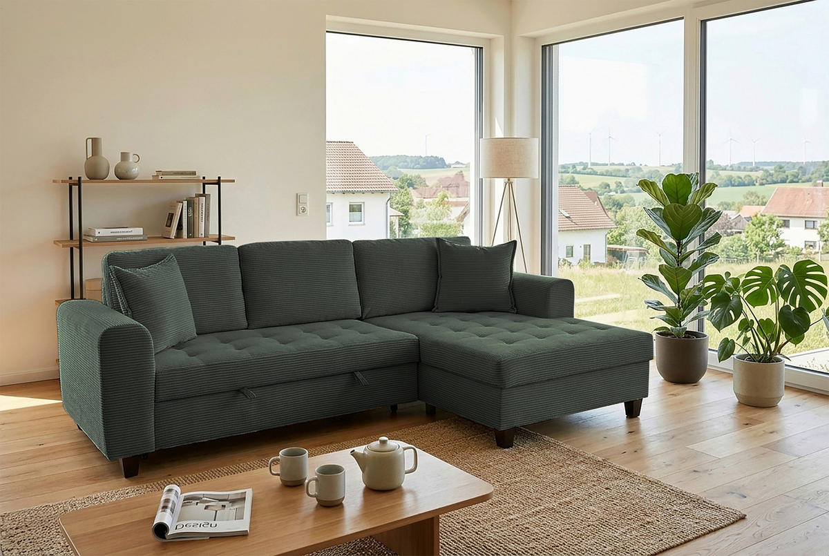 ECKSOFA MORITZ Dunkelgrün Cord Zierkissen, Bettkasten  - Dunkelgrün, Trend, Textil (265/155cm) - P & B