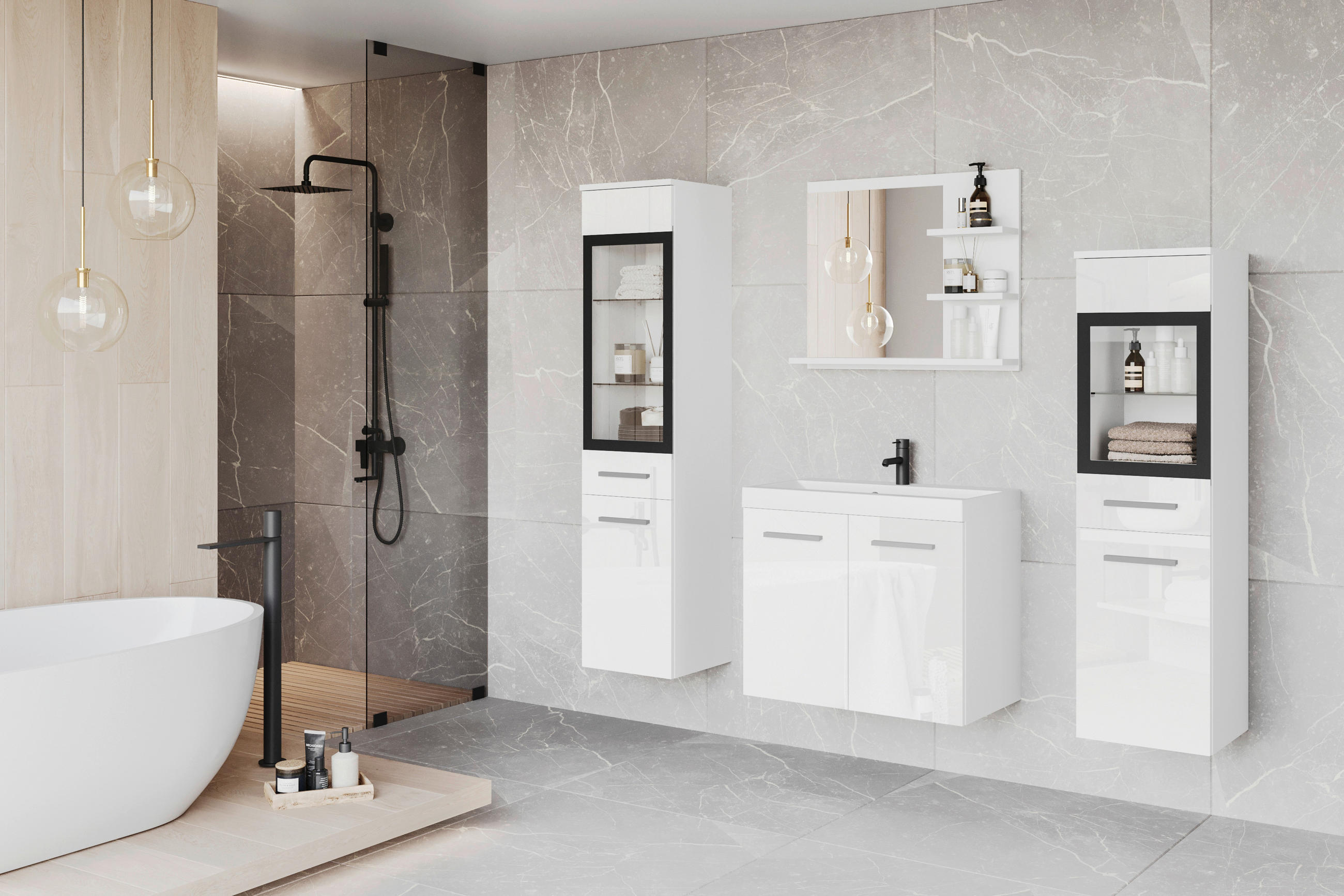 BADEZIMMER 5-teilig  in  - Weiß Hochglanz/Weiß, LIFESTYLE, Glas/Keramik (120,4/131,5/34,5cm) - P & B