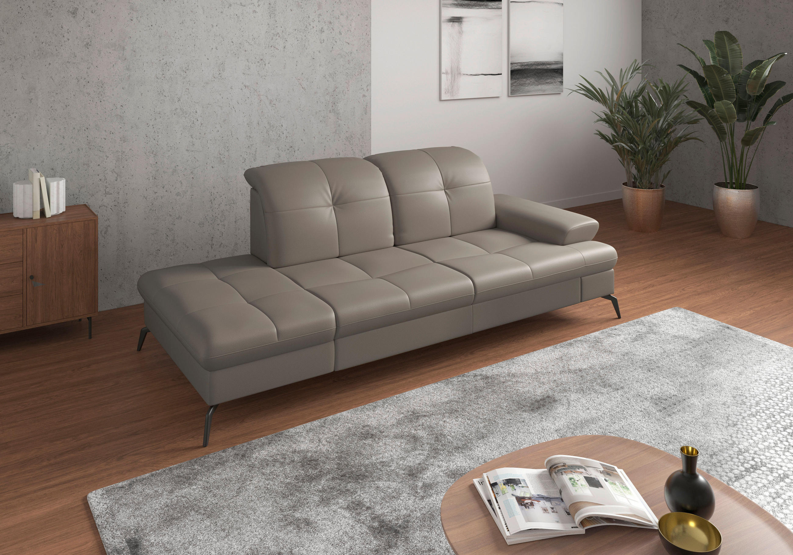 RÉCAMIERE Grau Echtleder  - Schwarz/Grau, KONVENTIONELL, Leder/Metall (231/90/122cm) - Sit & More