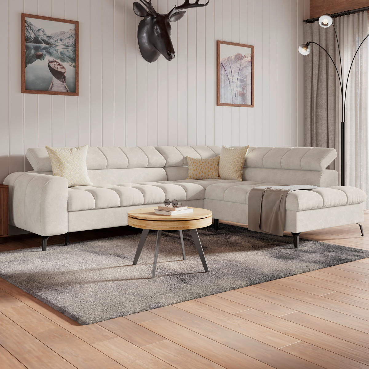 ECKSOFA Creme Bettkasten, Rücken echt, Kopfteilverstellung  - Creme/Schwarz, Trend, Kunststoff/Textil (261/203cm) - Livetastic