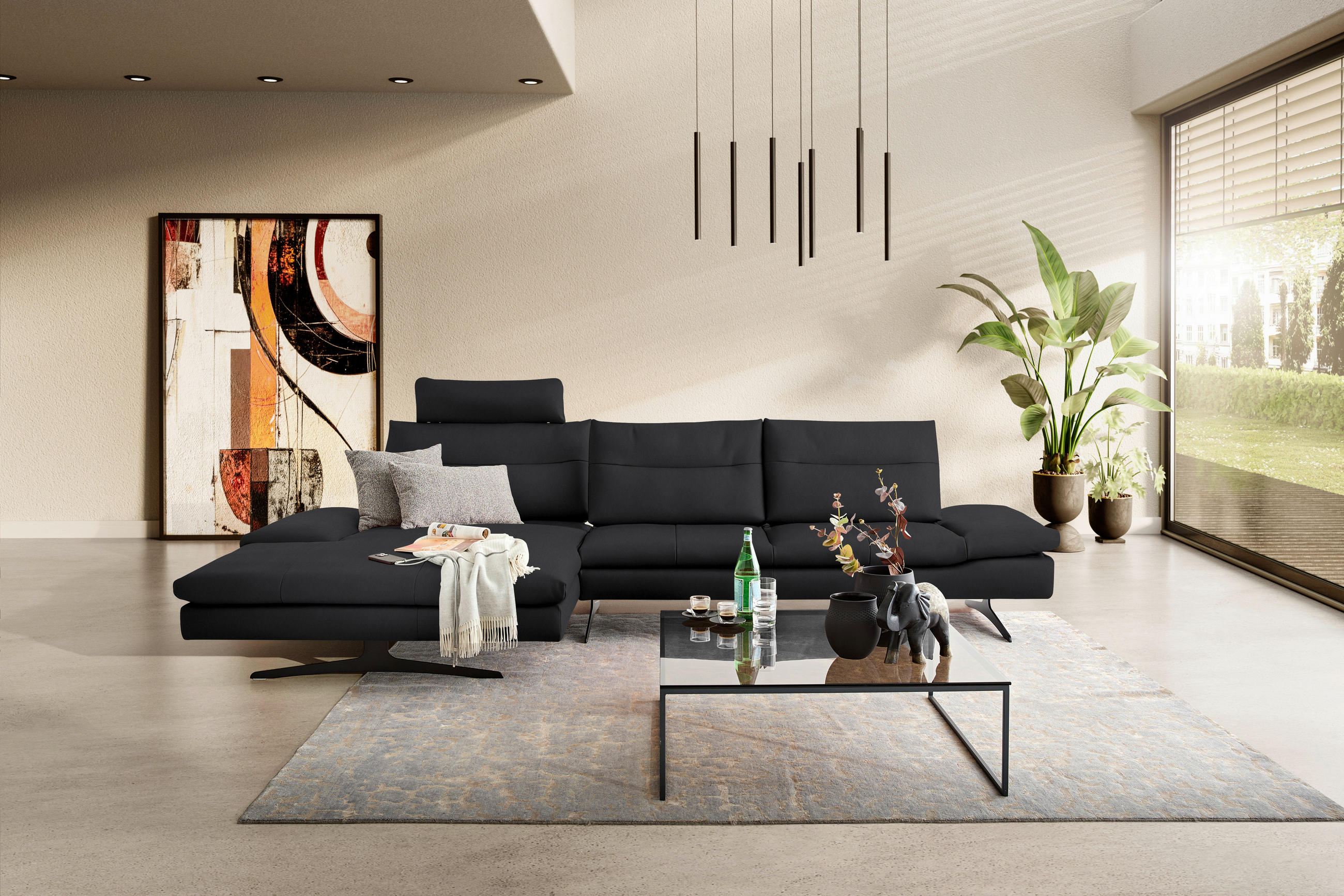 ECKSOFA in Echtleder Mokka  158/342 cm  - Schwarz/Mokka, MODERN, Leder/Metall (158/342cm) - Chilliano