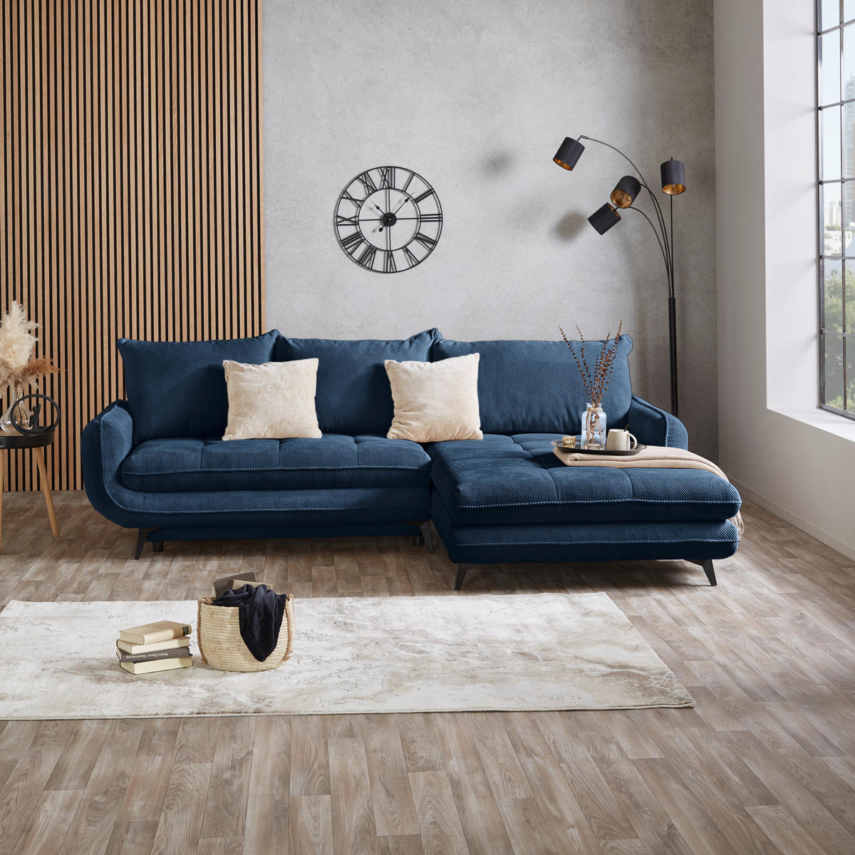 ECKSOFA WAVE Dunkelblau Struktur  - Beige/Schwarz, MODERN, Textil/Metall (266/189cm) - MID.YOU