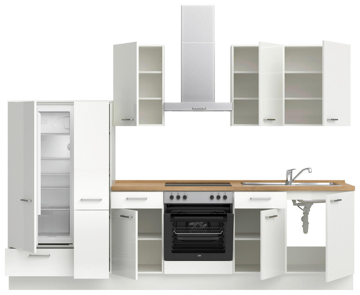 KÜCHENLEERBLOCK 300 cm   in Eichefarben, Weiß Hochglanz  - Edelstahlfarben/Eichefarben, MODERN, Holzwerkstoff/Metall (300cm) - Nobilia