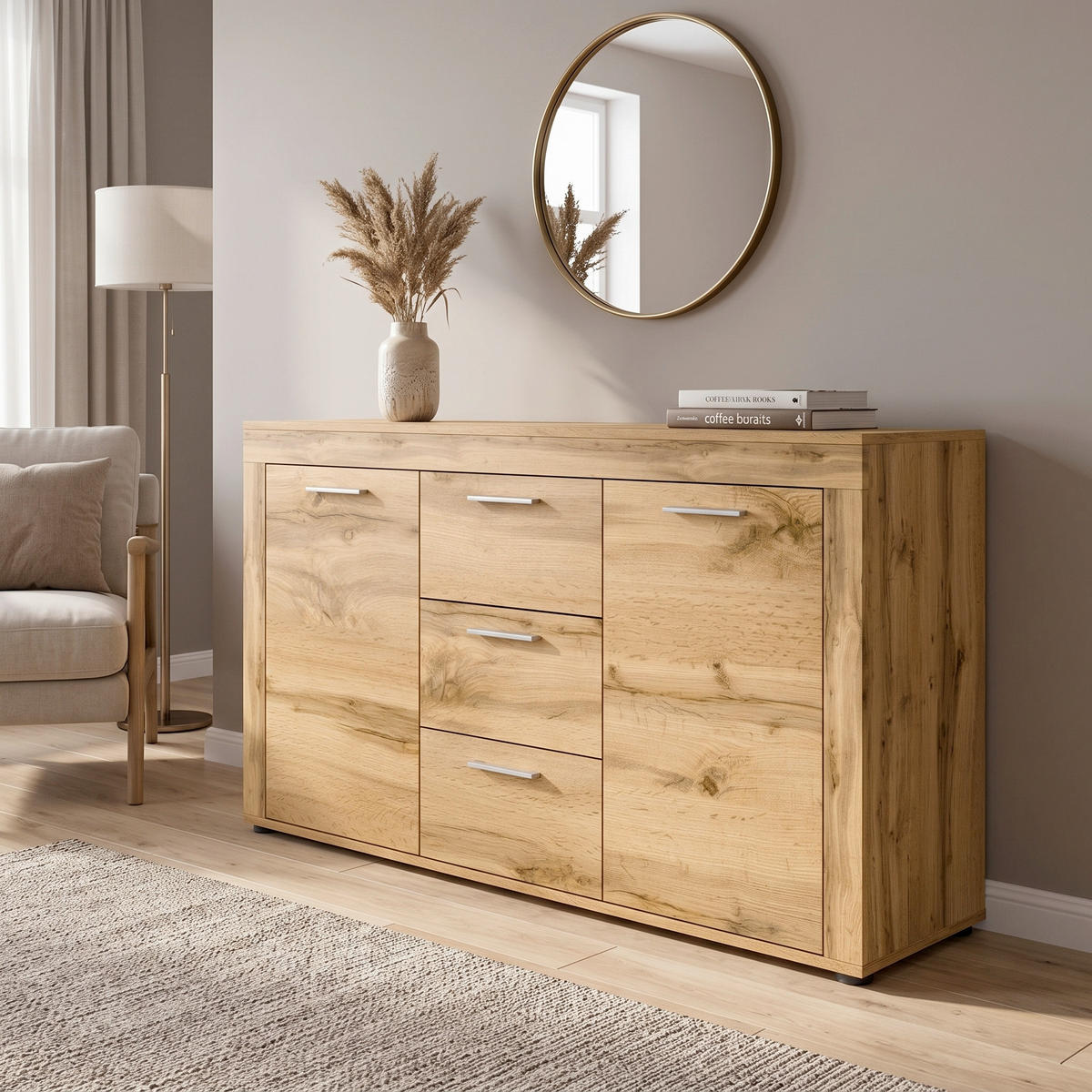KOMODA   125/80/35 cm   hrast Wotan  - srebrne boje/crna, Design, drvni materijal/plastika (125/80/35cm) - Modern Living