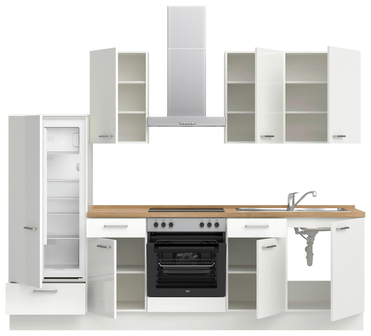 KÜCHENLEERBLOCK 270 cm   in Eichefarben, Weiß Hochglanz  - Edelstahlfarben/Eichefarben, MODERN, Holzwerkstoff/Metall (270cm) - Nobilia