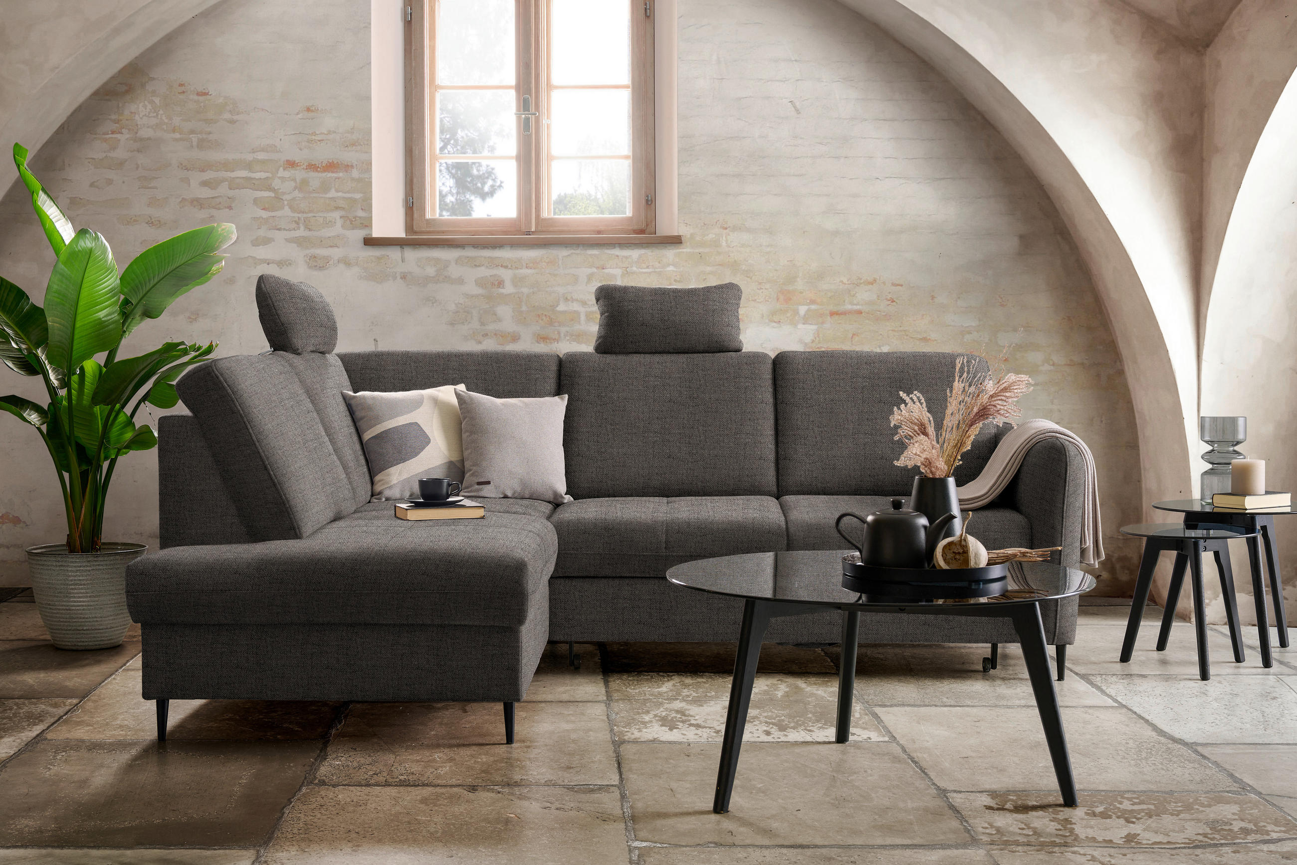 ECKSOFA in Chenille Graubraun  - Graubraun/Schwarz, Modern, Holz/Textil (184/241cm) - Carryhome