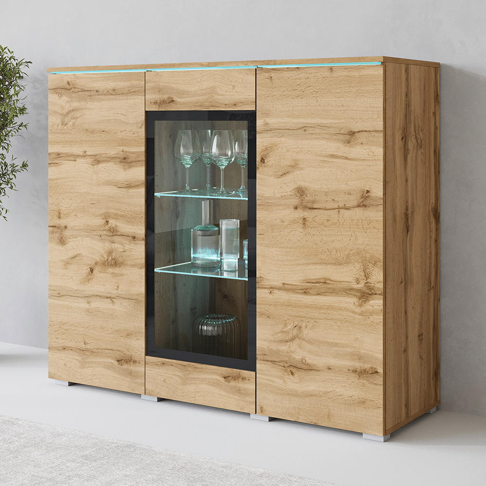 HIGHBOARD Vera  in 120/102,3/39,5 cm  - Eiche Wotan/Grau, Trend, Glas/Holzwerkstoff (120/102,3/39,5cm) - P & B