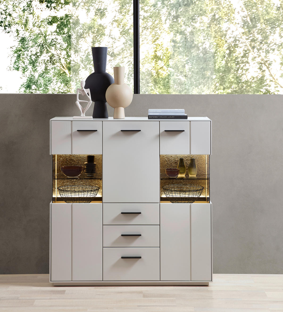HIGHBOARD Hellgrau, Sahara  120/123/40 cm  - Hellgrau/Schwarz, Design, Glas/Holzwerkstoff (120/123/40cm) - Novel