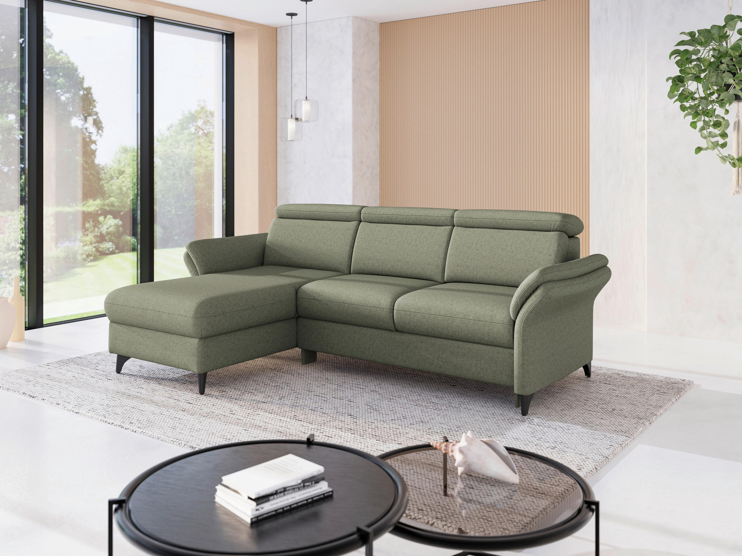 ECKSOFA GLENDALE E Olivgrün Flachgewebe  - Schwarz/Olivgrün, KONVENTIONELL, Textil/Metall (166/253cm) - Sit & More