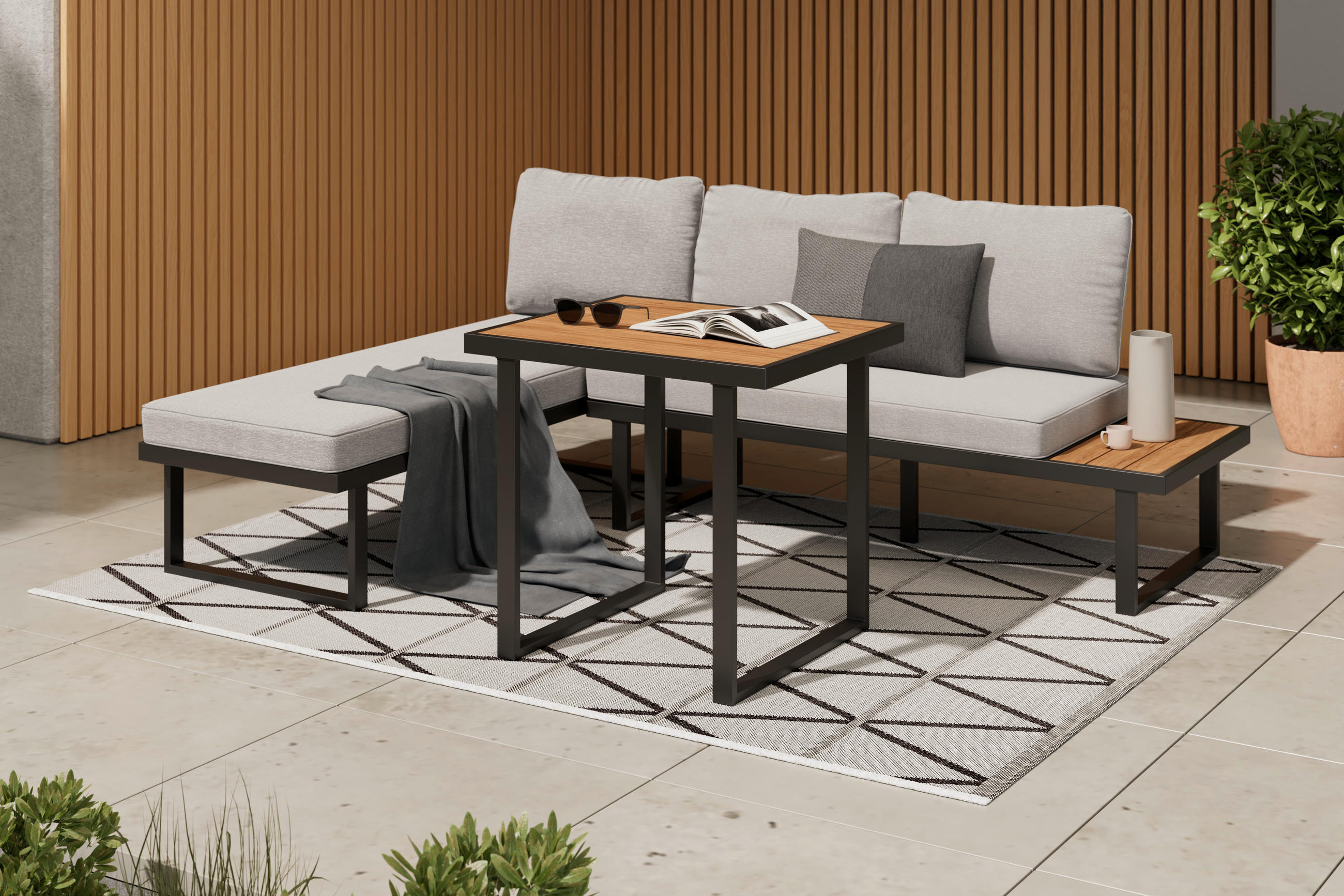 DINING-LOUNGESET Akazie vollmassiv Stahl  - Schwarz/Naturfarben, MODERN, Holz/Metall (152/58/67cm) - Ambia Garden