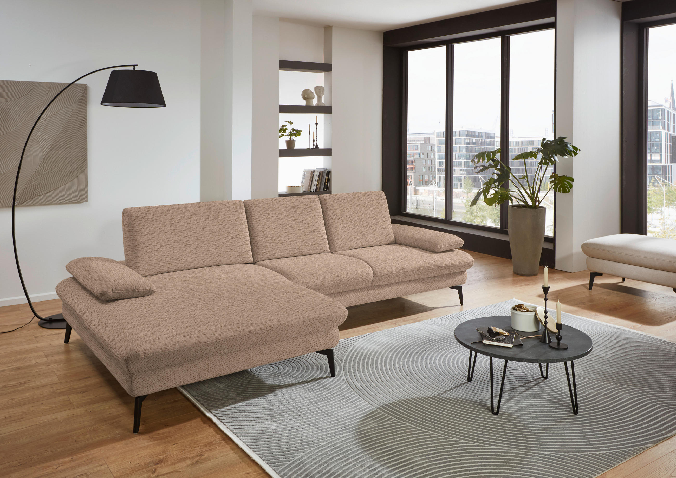 ECKSOFA in Chenille, Mikrofaser Sandfarben  - Sandfarben/Schwarz, Design, Textil/Metall (157/299cm) - Dieter Knoll