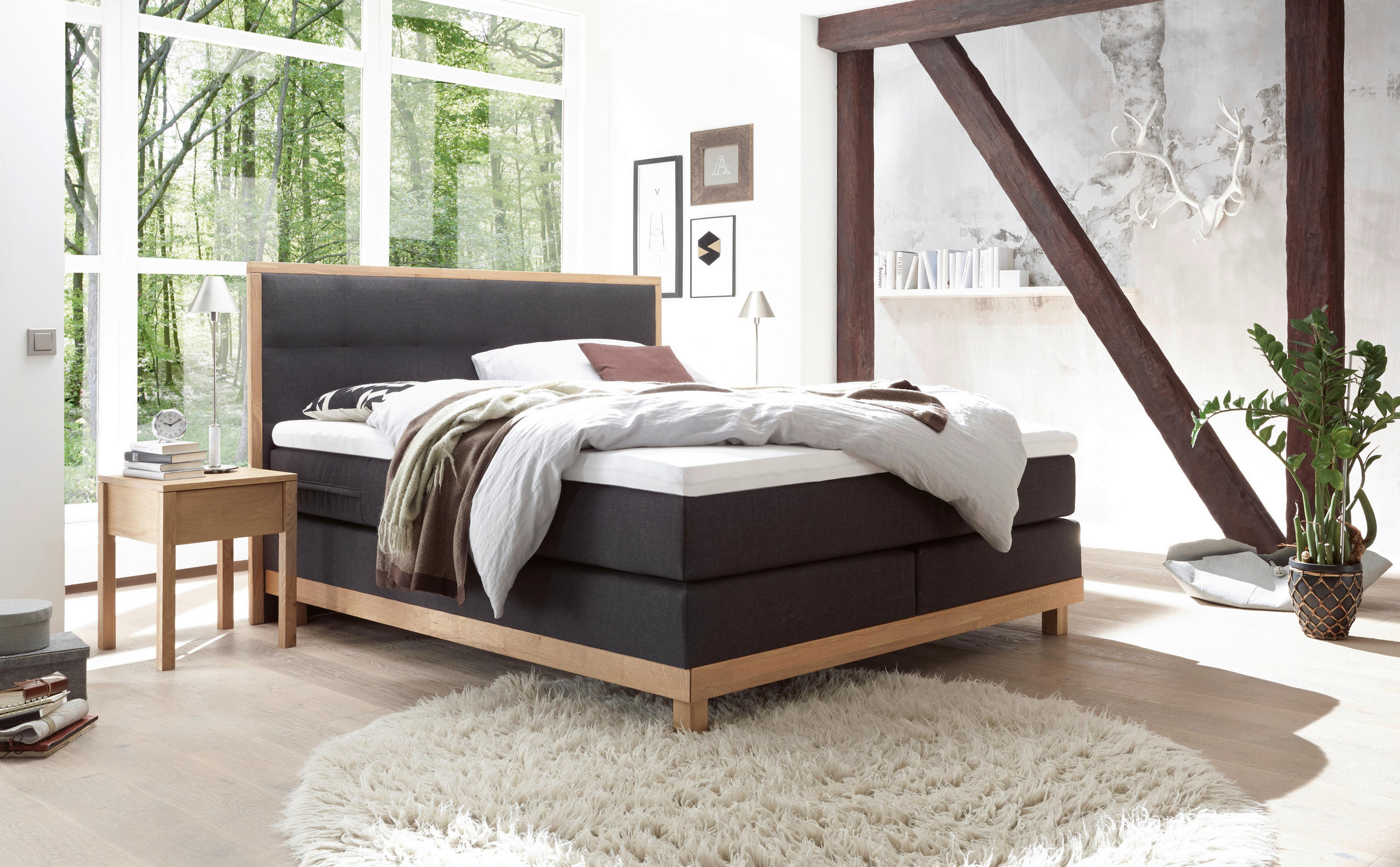 BOXSPRINGBETT 140/200 cm  in Anthrazit, Eichefarben  - Eichefarben/Anthrazit, KONVENTIONELL, Holz/Textil (140/200cm) - Hasena