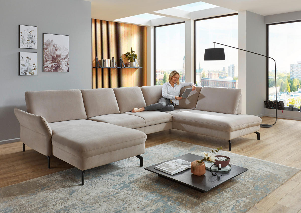 WOHNLANDSCHAFT in Velours Graubraun  - Graubraun/Schwarz, Design, Textil/Metall (220/335/179cm) - Beldomo System