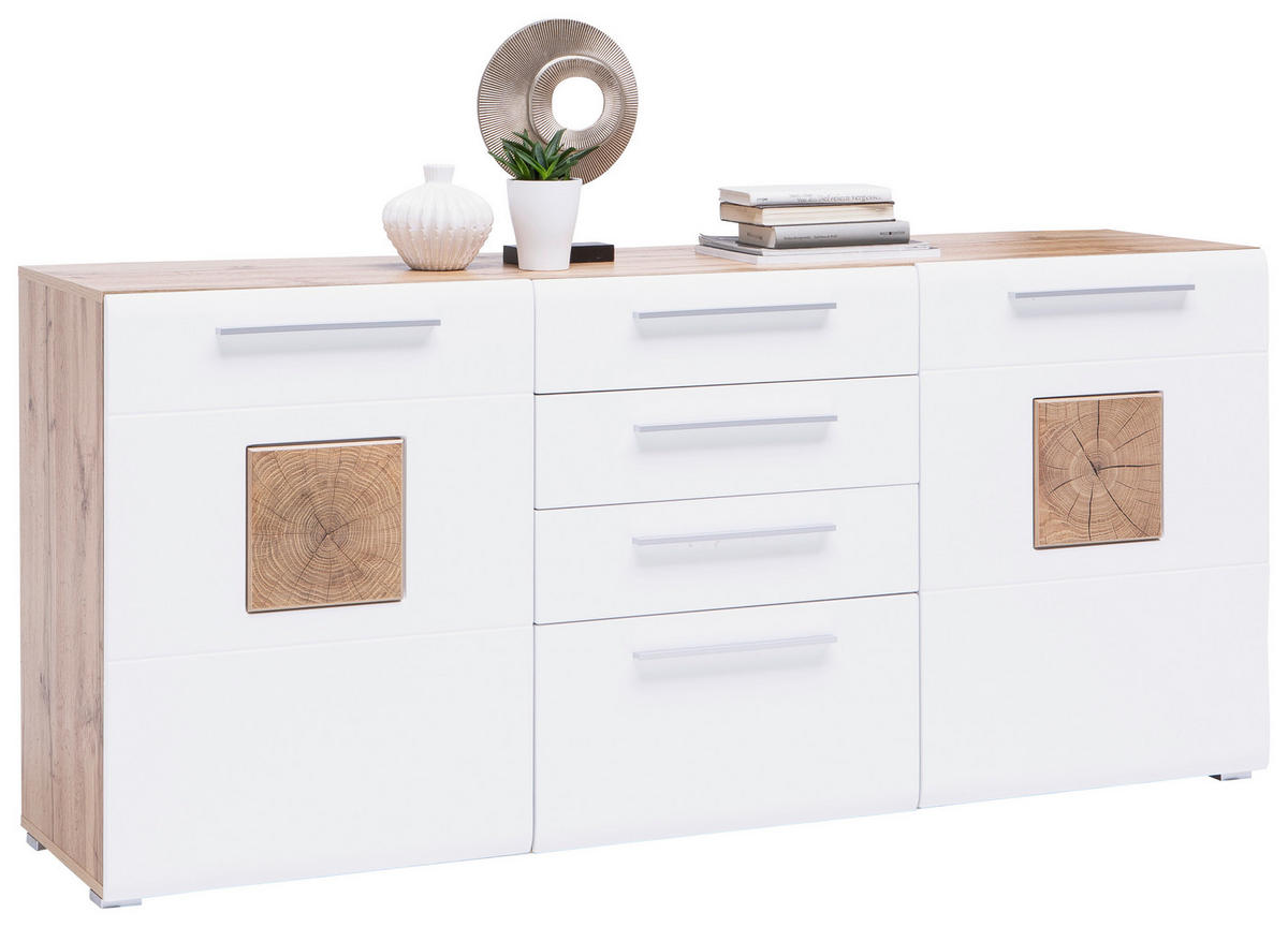 ŠIROKA KOMODA, bela, barve hrasta  - barve kroma/barve hrasta, Konvencionalno, umetna masa/leseni material (180/82/43cm) - Hom`in