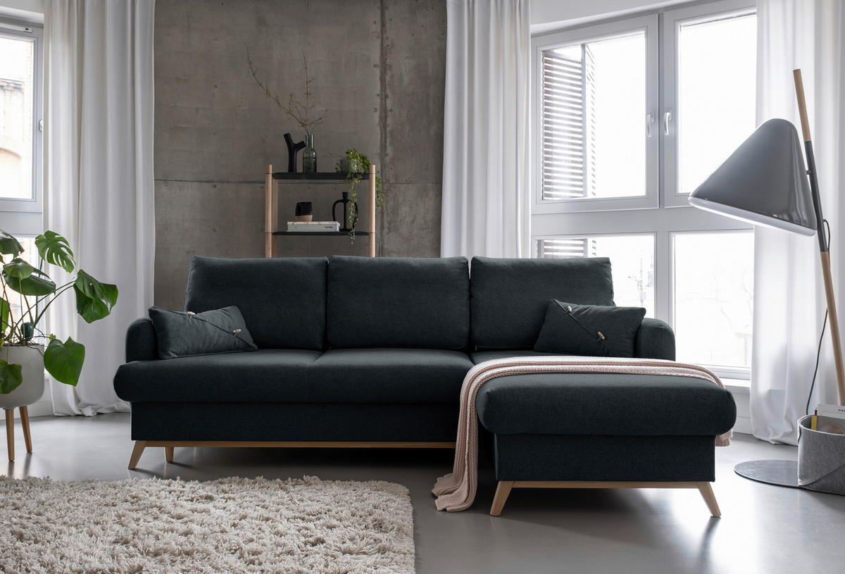 KUTNA GARNITURA tekstil  tamno siva   - tamno siva/prirodne boje, tekstil/drvo (235/157cm) - MID.YOU