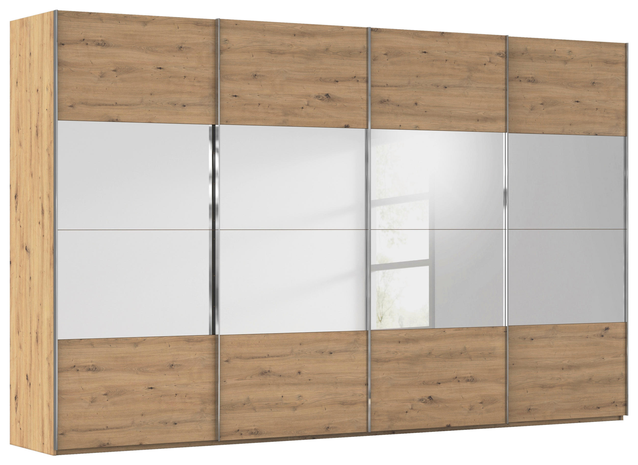 SCHWEBETÜRENSCHRANK 361/223/68 cm 4-türig Eiche Artisan  - Chromfarben/Eiche Artisan, Design, Glas/Holzwerkstoff (361/223/68cm) - Novel