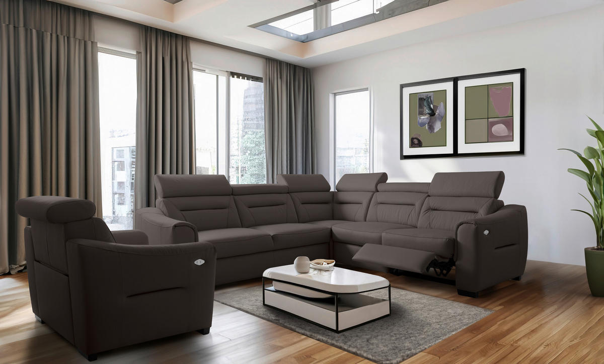 ECKSOFA Dunkelbraun Echtleder Lederlook Schlaffunktion, Rücken echt, Relaxfunktion, Kopfteilverstellung  - Wengefarben/Dunkelbraun, Design, Leder/Holz (260/260cm) - Celina Home