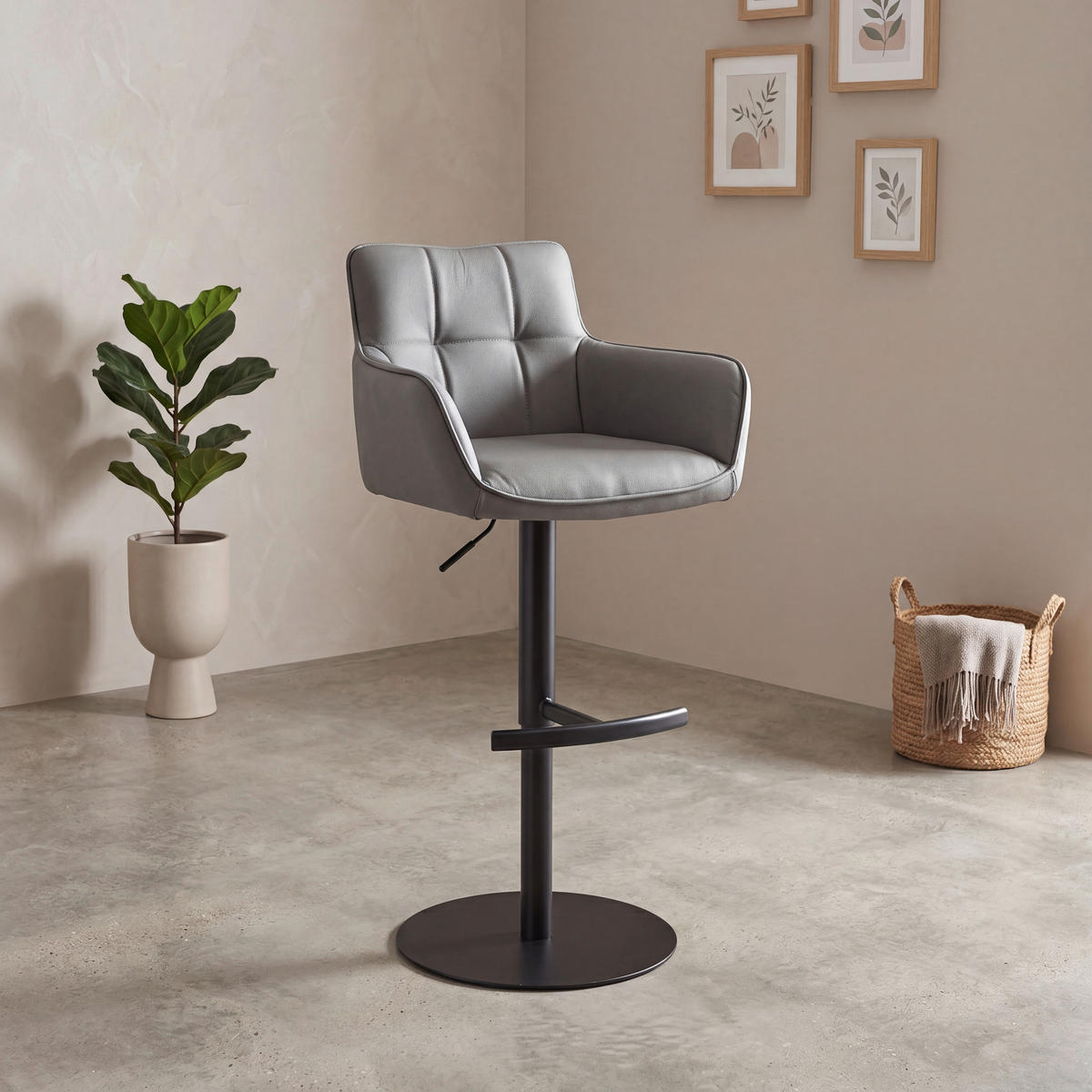 BARHOCKER in Grau, Schwarz  - Schwarz/Grau, MODERN, Leder/Metall (54,5/90/112/51,5cm) - Livetastic