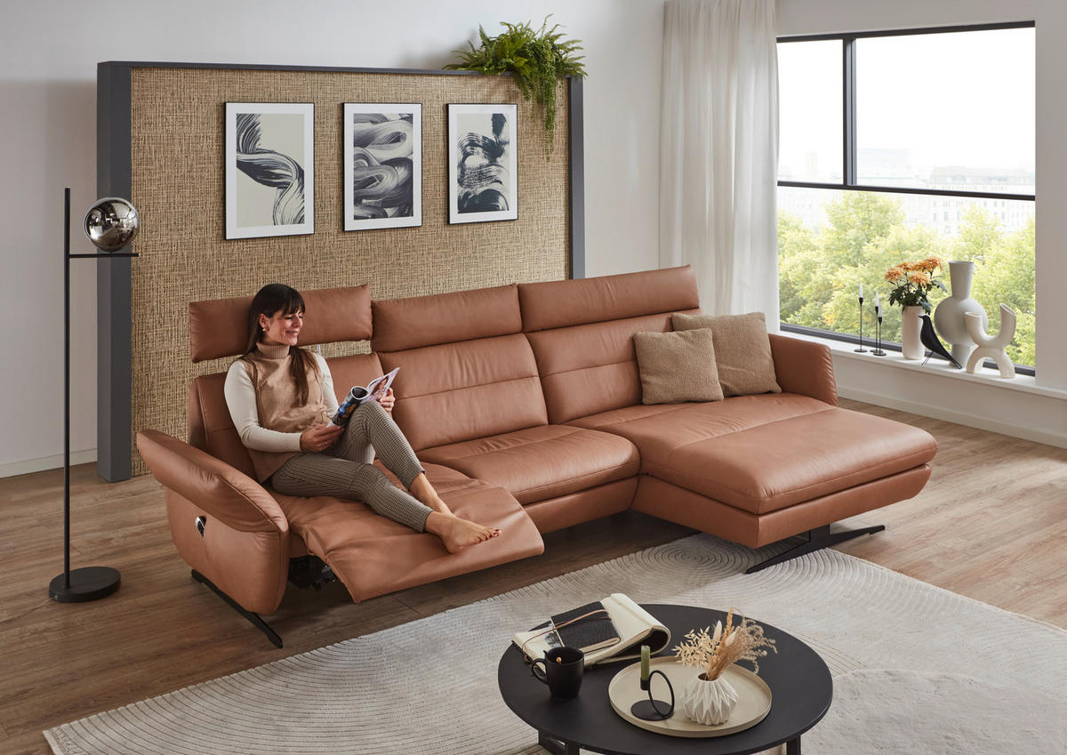 ECKSOFA in Echtleder Haselnussfarben  300/157 cm  - Schwarz/Haselnussfarben, Design, Leder/Metall (300/157cm) - Dieter Knoll